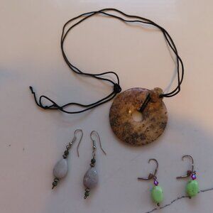 Chinese Bi necklace and 2 sets of stone drop earrings
